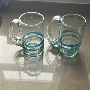 Mexican Glass Beer mugs with blue/green/turquoise swirls-  set of 2